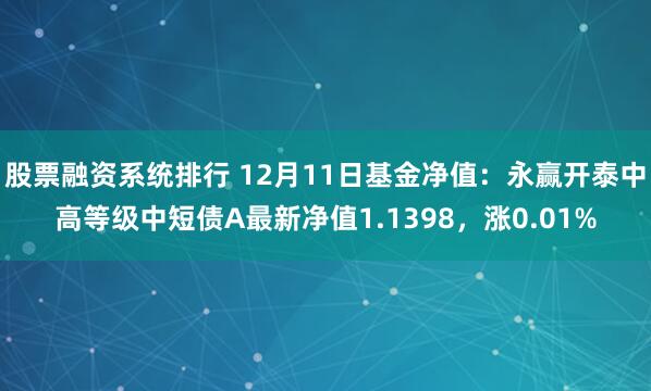 股票融资系统排行 12月11日基金净值：永赢开泰中高等级中短债A最新净值1.1398，涨0.01%