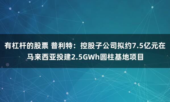 有杠杆的股票 普利特：控股子公司拟约7.5亿元在马来西亚投建2.5GWh圆柱基地项目